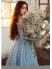 Sky Blue Printed Hearts Tulle Sweet Midi Party Dress